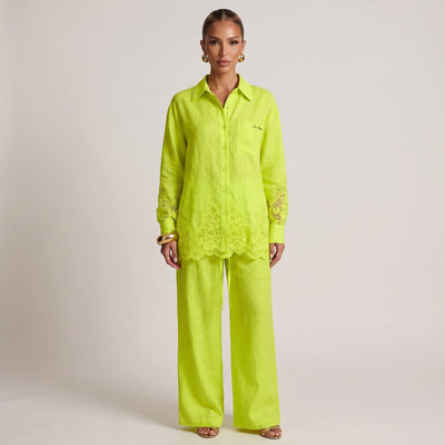 💚 Loro Piana Lime Green Linen Lace Full Set – Shirt & Wide-Leg Pants ✨ - MASTERPIECE