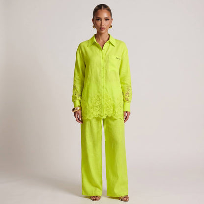 💚 Loro Piana Lime Green Linen Lace Full Set – Shirt & Wide-Leg Pants ✨ - MASTERPIECE