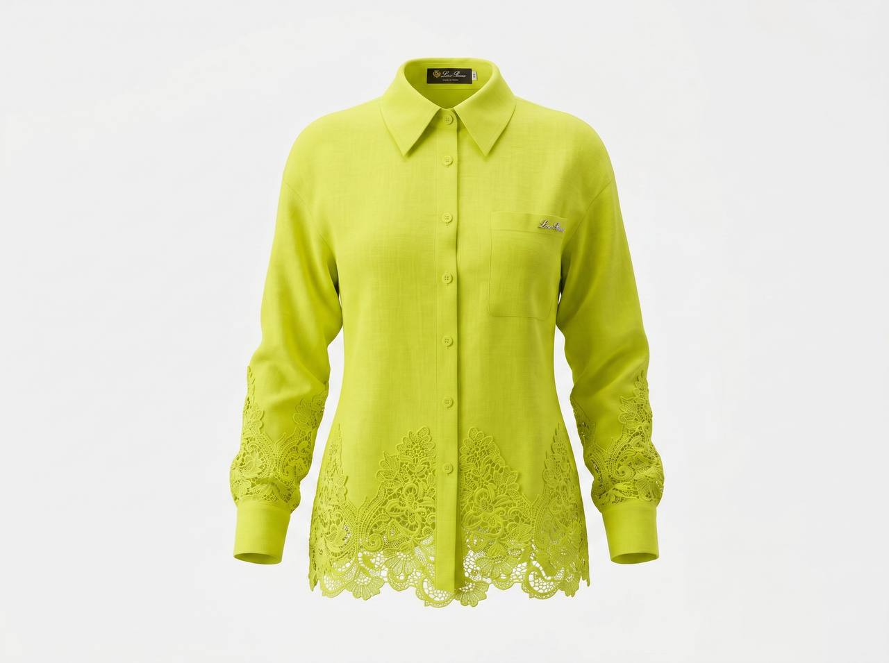 💚 Loro Piana Lime Green Linen Lace Full Set – Shirt & Wide-Leg Pants ✨ - MASTERPIECE