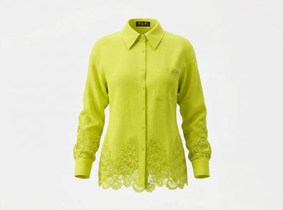 💚 Loro Piana Lime Green Linen Lace Full Set – Shirt & Wide-Leg Pants ✨ - MASTERPIECE