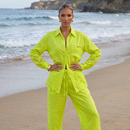 💚 Loro Piana Lime Green Linen Lace Full Set – Shirt & Wide-Leg Pants ✨ - MASTERPIECE