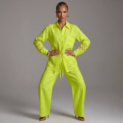 💚 Loro Piana Lime Green Linen Lace Full Set – Shirt & Wide-Leg Pants ✨ - MASTERPIECE