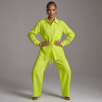 💚 Loro Piana Lime Green Linen Lace Full Set – Shirt & Wide-Leg Pants ✨ - MASTERPIECE