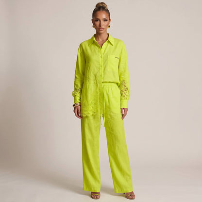 💚 Loro Piana Lime Green Linen Lace Full Set – Shirt & Wide-Leg Pants ✨ - MASTERPIECE