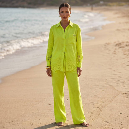 💚 Loro Piana Lime Green Linen Lace Full Set – Shirt & Wide-Leg Pants ✨ - MASTERPIECE