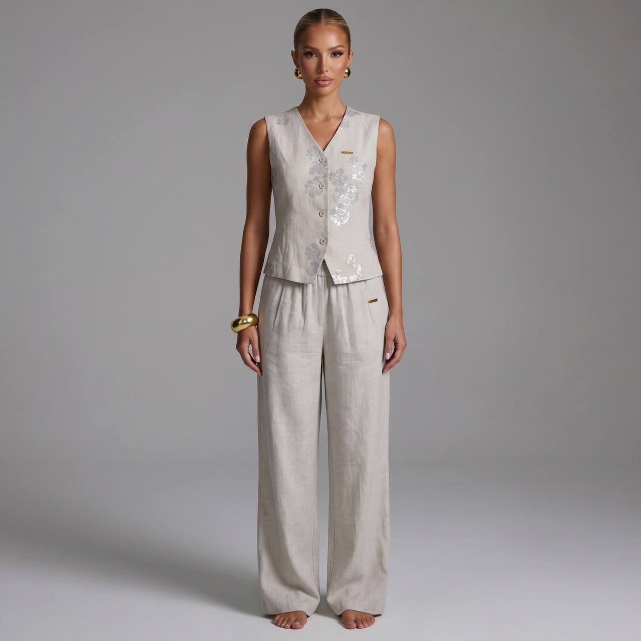 Loro Piana Linen Blend Embroidered Co-Ord Set – Natural Beige 🤍✨ - MASTERPIECE