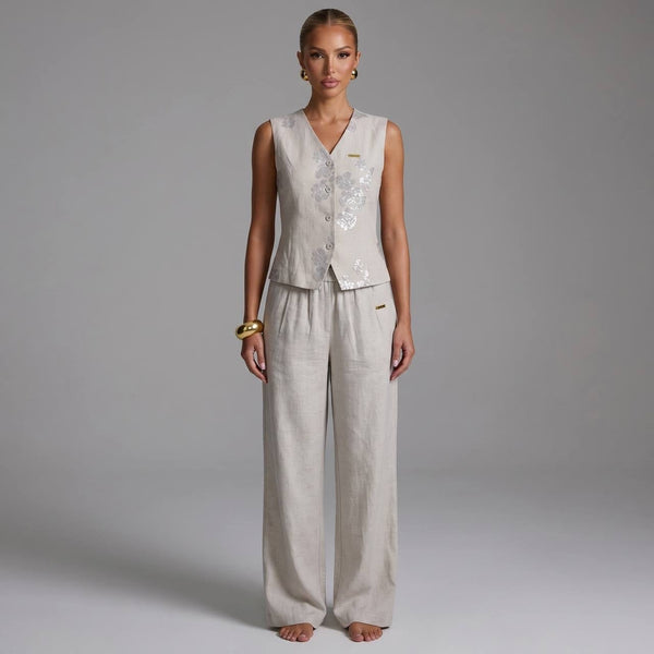 Loro Piana Linen Blend Embroidered Co-Ord Set – Natural grey🤍✨