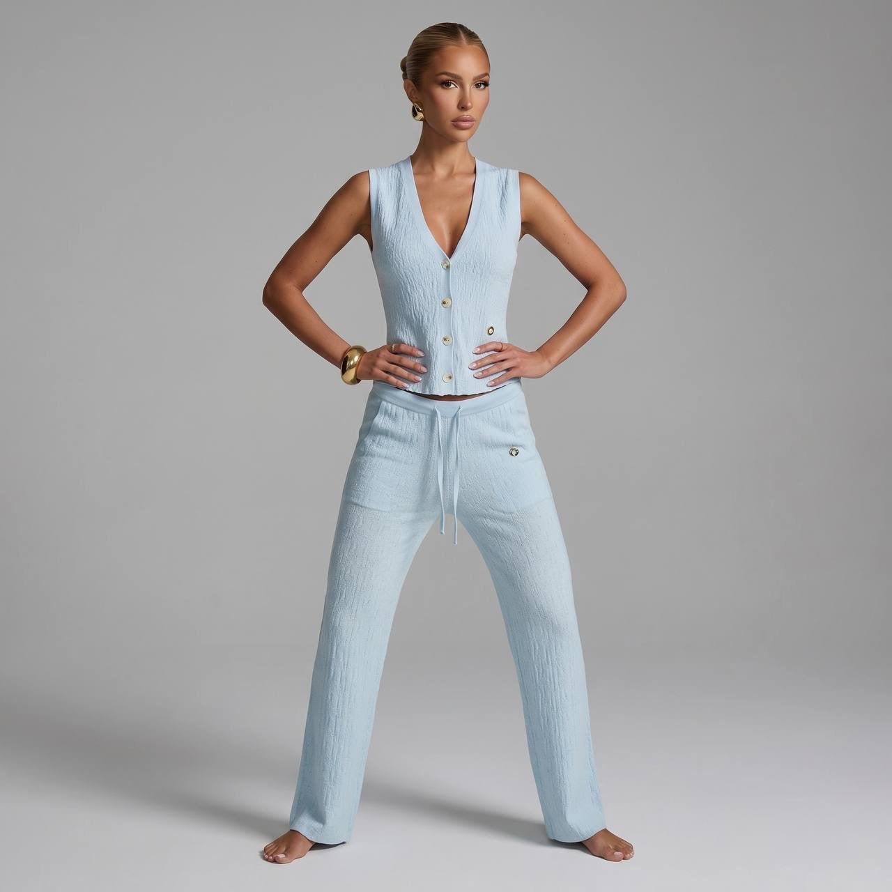 Loro Piana Textured Knit Co-Ord Set – Sky Blue 💙✨ - MASTERPIECE