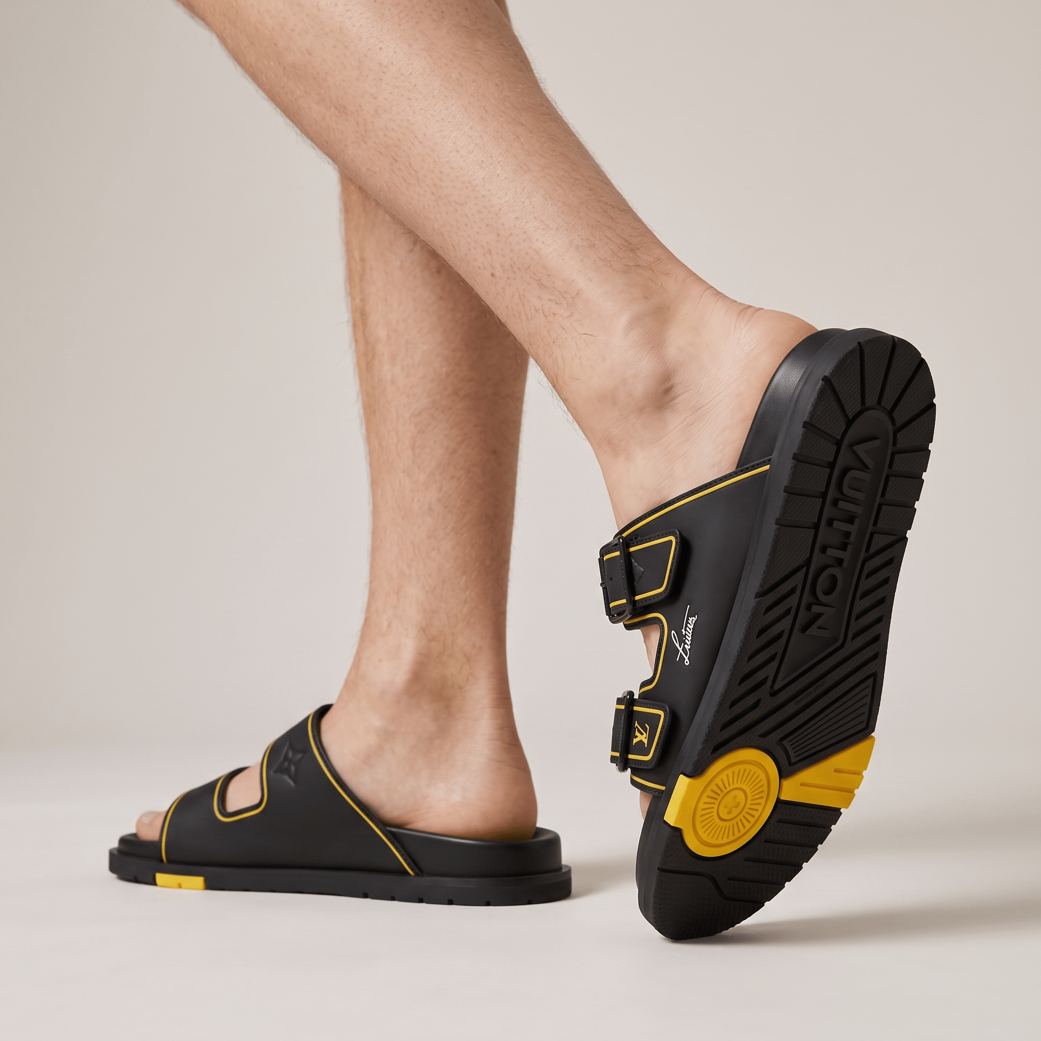 Louis Vuitton Black & Gold Double Buckle Luxury Slides - MASTERPIECE