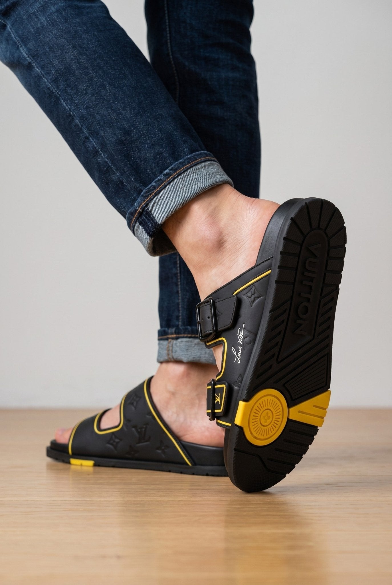Louis Vuitton Black & Gold Double Buckle Luxury Slides - MASTERPIECE