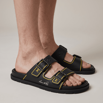 Louis Vuitton Black & Gold Double Buckle Luxury Slides - MASTERPIECE