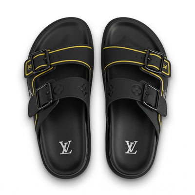 Louis Vuitton Black & Gold Double Buckle Luxury Slides - MASTERPIECE