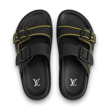 Louis Vuitton Black & Gold Double Buckle Luxury Slides - MASTERPIECE