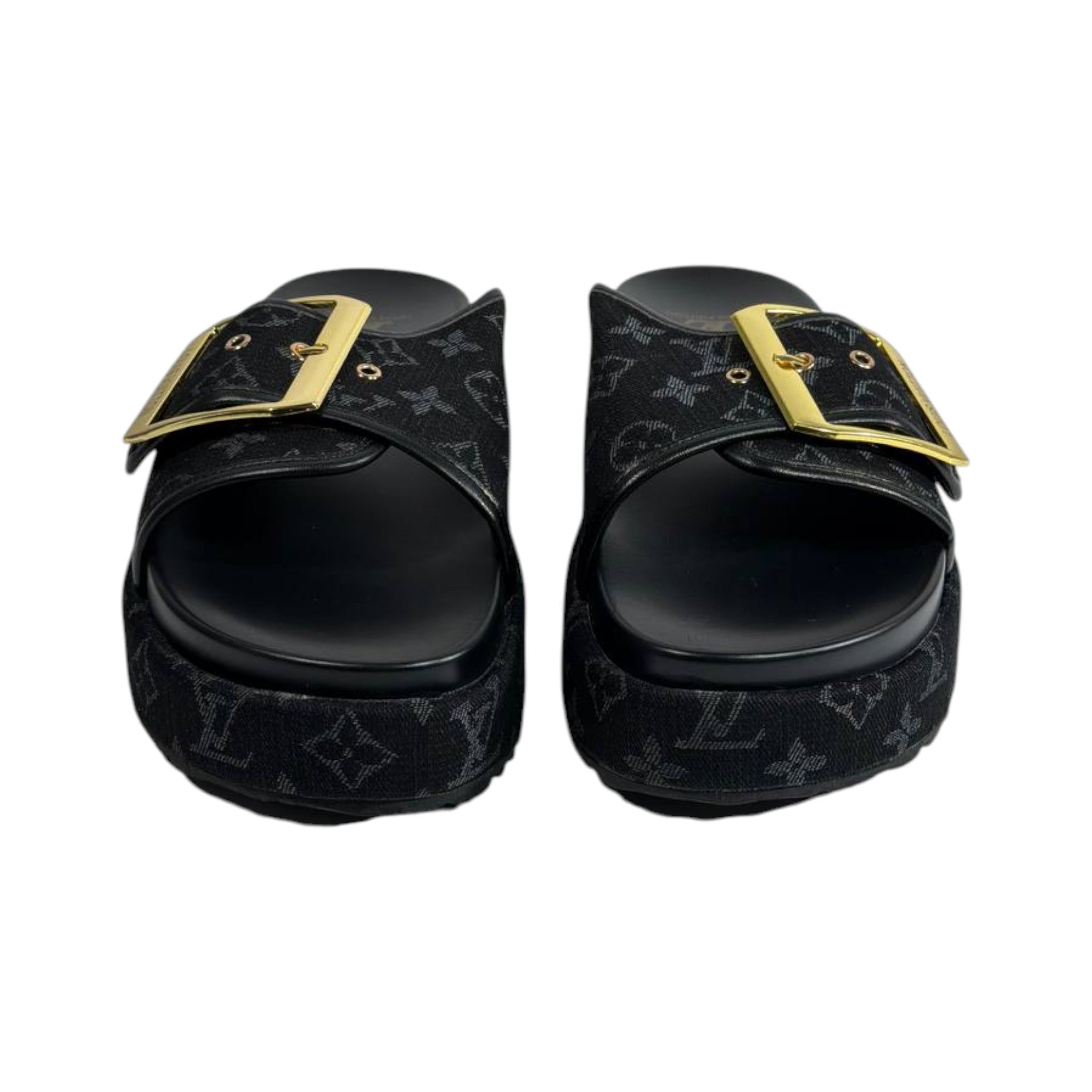 Louis Vuitton Black Monogram Buckle Slides – Luxury Platform Sandals 🖤✨ - MASTERPIECE