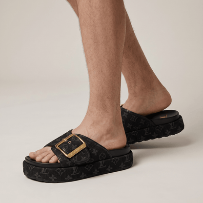 Louis Vuitton Black Monogram Buckle Slides – Luxury Platform Sandals 🖤✨ - MASTERPIECE