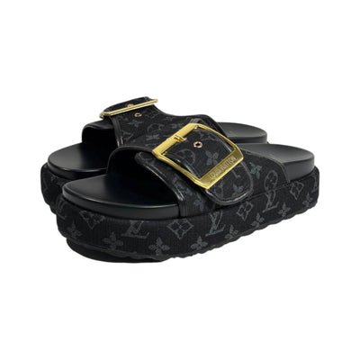Louis Vuitton Black Monogram Buckle Slides – Luxury Platform Sandals 🖤✨ - MASTERPIECE