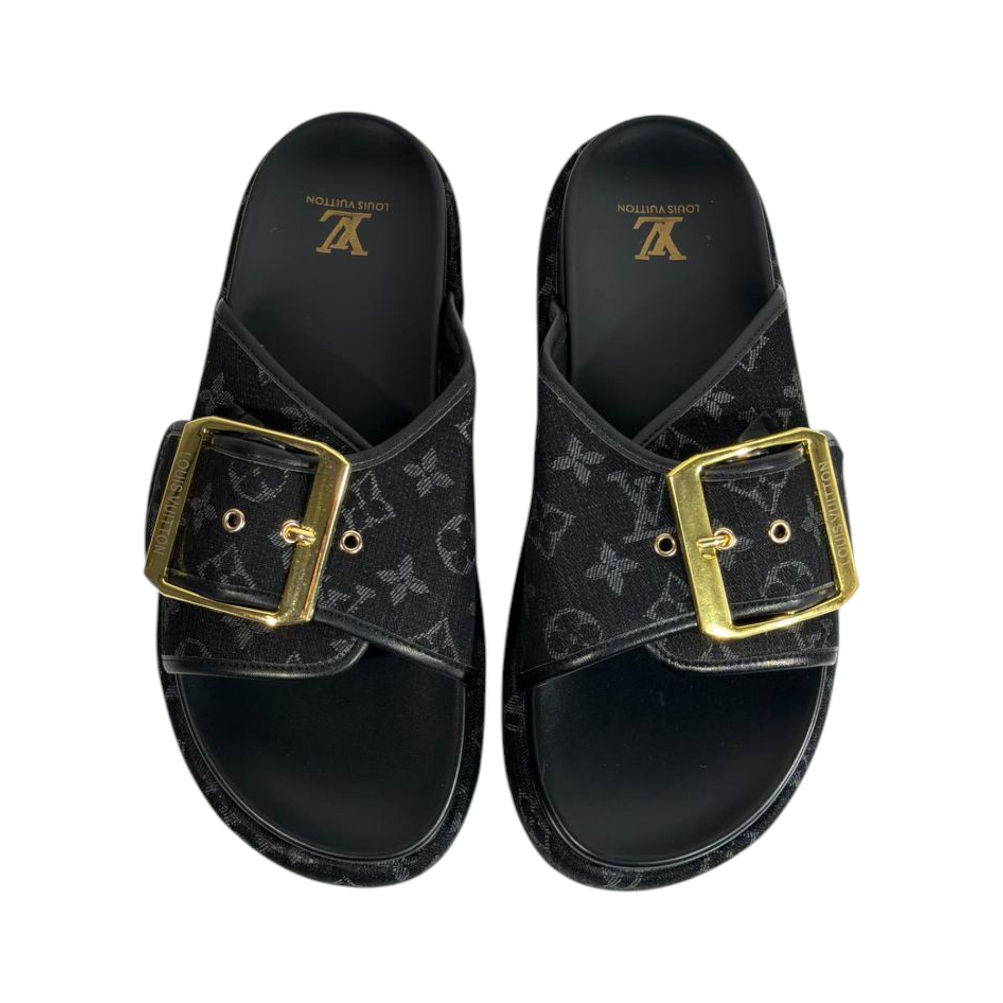 Louis Vuitton Black Monogram Buckle Slides – Luxury Platform Sandals 🖤✨ - MASTERPIECE