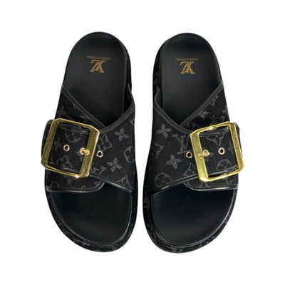Louis Vuitton Black Monogram Buckle Slides – Luxury Platform Sandals 🖤✨ - MASTERPIECE