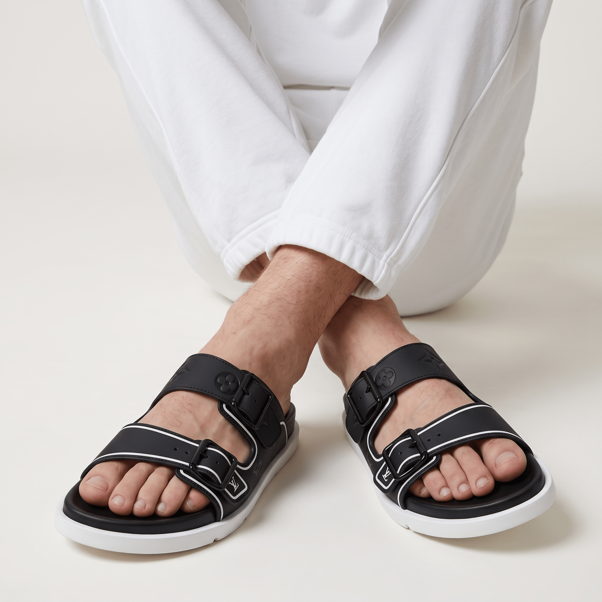 Louis Vuitton Black Monogram Double Buckle Slides - MASTERPIECE