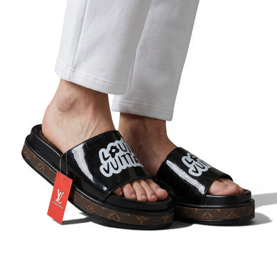 Louis Vuitton Black Platform Slides – Iconic Monogram Luxury Sandals 🖤👡 - MASTERPIECE
