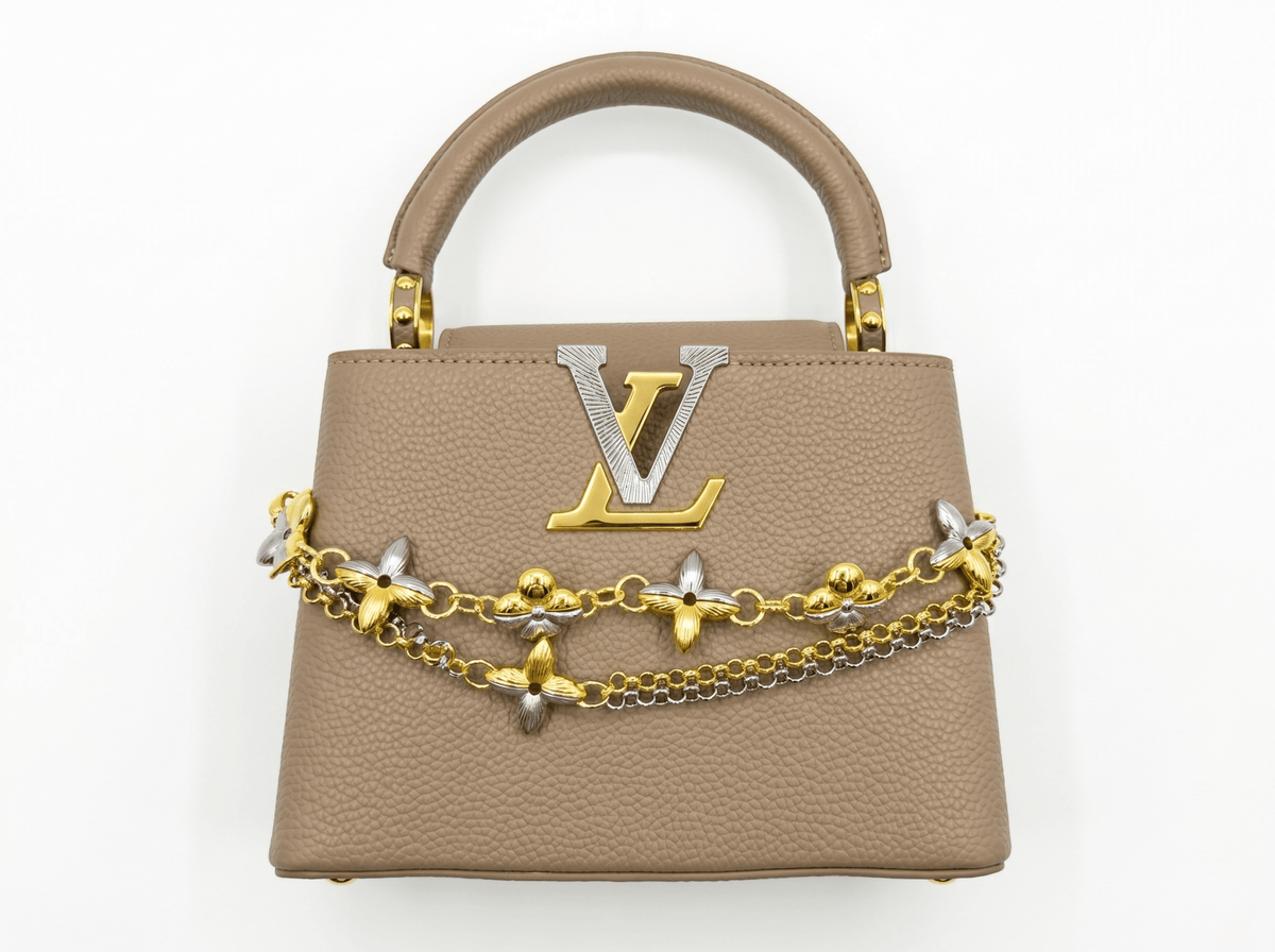 Louis Vuitton Capucines Mini Leather Bag with Floral Chain Charm — Beige