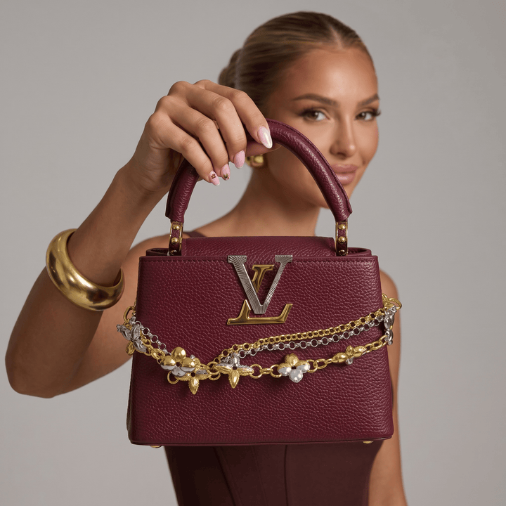 Louis Vuitton Capucines Mini Leather Bag with Floral Chain Charm — Burgundy