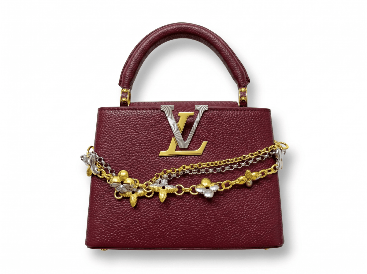 Louis Vuitton Capucines Mini Leather Bag with Floral Chain Charm — Burgundy
