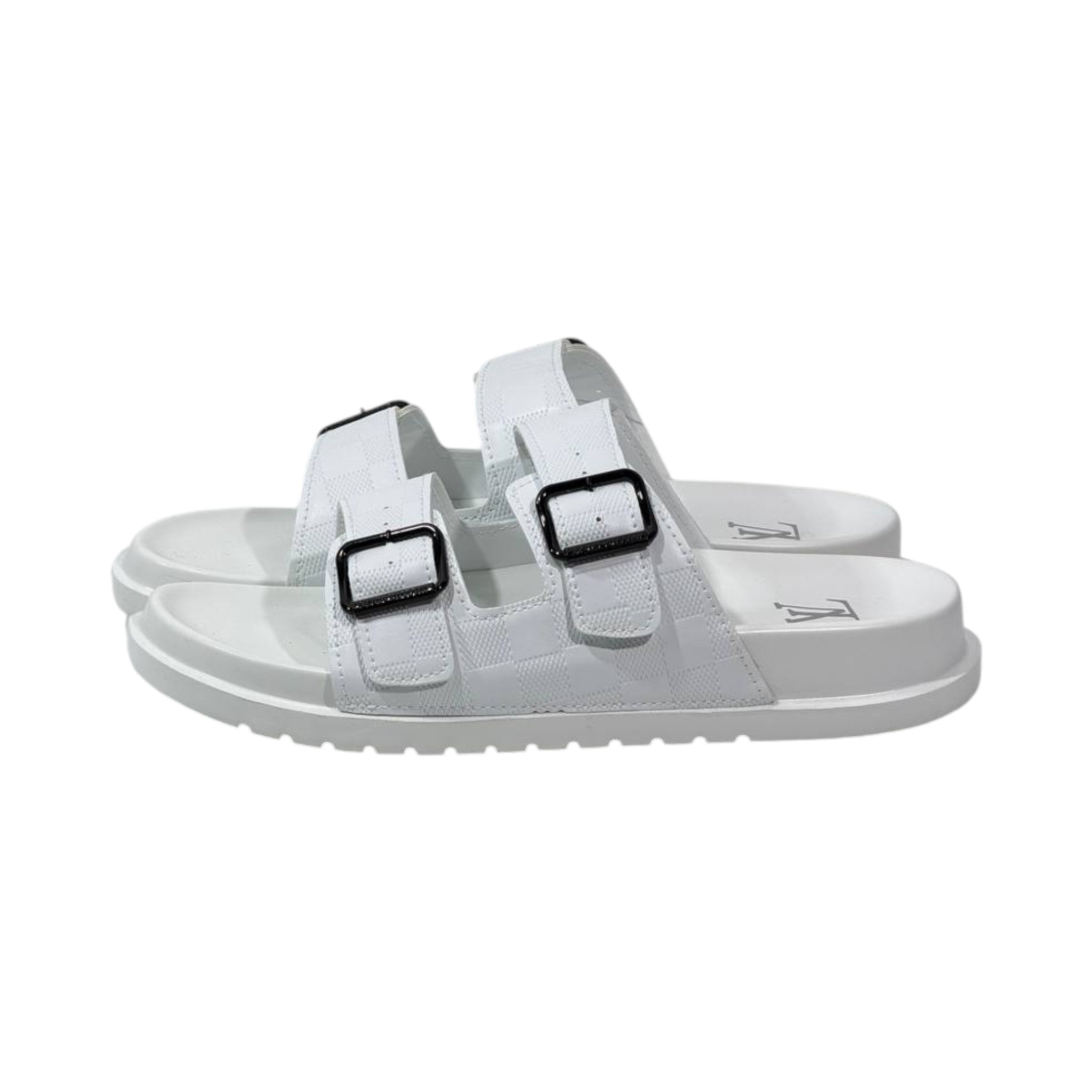 🤍 Louis Vuitton Damier Azur Double-Buckle Slides – Clean Luxury, Timeless Style - MASTERPIECE