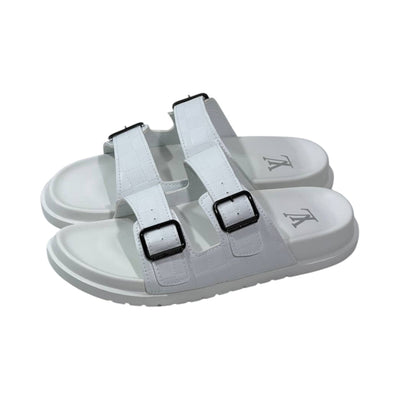 🤍 Louis Vuitton Damier Azur Double-Buckle Slides – Clean Luxury, Timeless Style - MASTERPIECE