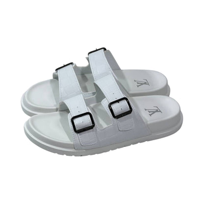 🤍 Louis Vuitton Damier Azur Double-Buckle Slides – Clean Luxury, Timeless Style - MASTERPIECE