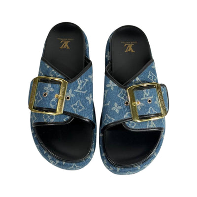 Louis Vuitton Denim Buckle Slides – Luxury Platform Summer Sandals 💙✨ - MASTERPIECE