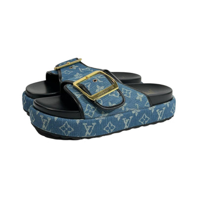 Louis Vuitton Denim Buckle Slides – Luxury Platform Summer Sandals 💙✨ - MASTERPIECE