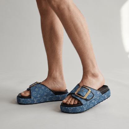 Louis Vuitton Denim Buckle Slides – Luxury Platform Summer Sandals 💙✨ - MASTERPIECE
