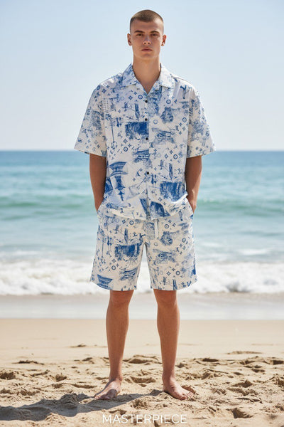 Louis Vuitton Inspired Beach Resort Co-Ord Set for Men – Luxury Monogram Printed Summer Shirt & Shorts Outfit 🌊✨ - MASTERPIECE