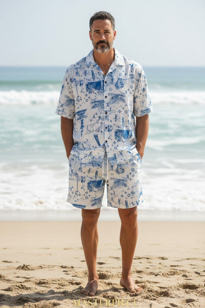Louis Vuitton Inspired Beach Resort Co-Ord Set for Men – Luxury Monogram Printed Summer Shirt & Shorts Outfit 🌊✨ - MASTERPIECE
