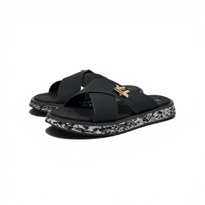 LOUIS VUITTON Luxury Black Cross Strap Sandals – LV Logo Detail & Marble Sole Design 👡✨ - MASTERPIECE