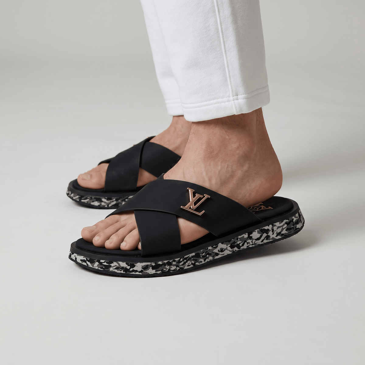 LOUIS VUITTON Luxury Black Cross Strap Sandals – LV Logo Detail & Marble Sole Design 👡✨ - MASTERPIECE