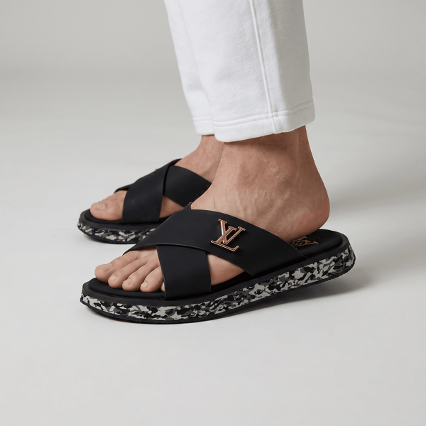 LOUIS VUITTON Luxury Black Cross Strap Sandals – LV Logo Detail & Marble Sole Design 👡✨