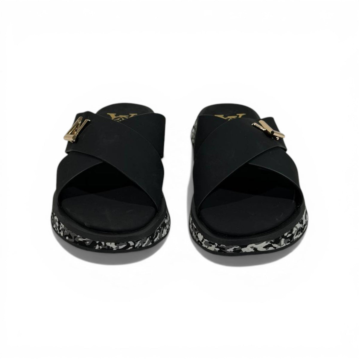 LOUIS VUITTON Luxury Black Cross Strap Sandals – LV Logo Detail & Marble Sole Design 👡✨ - MASTERPIECE