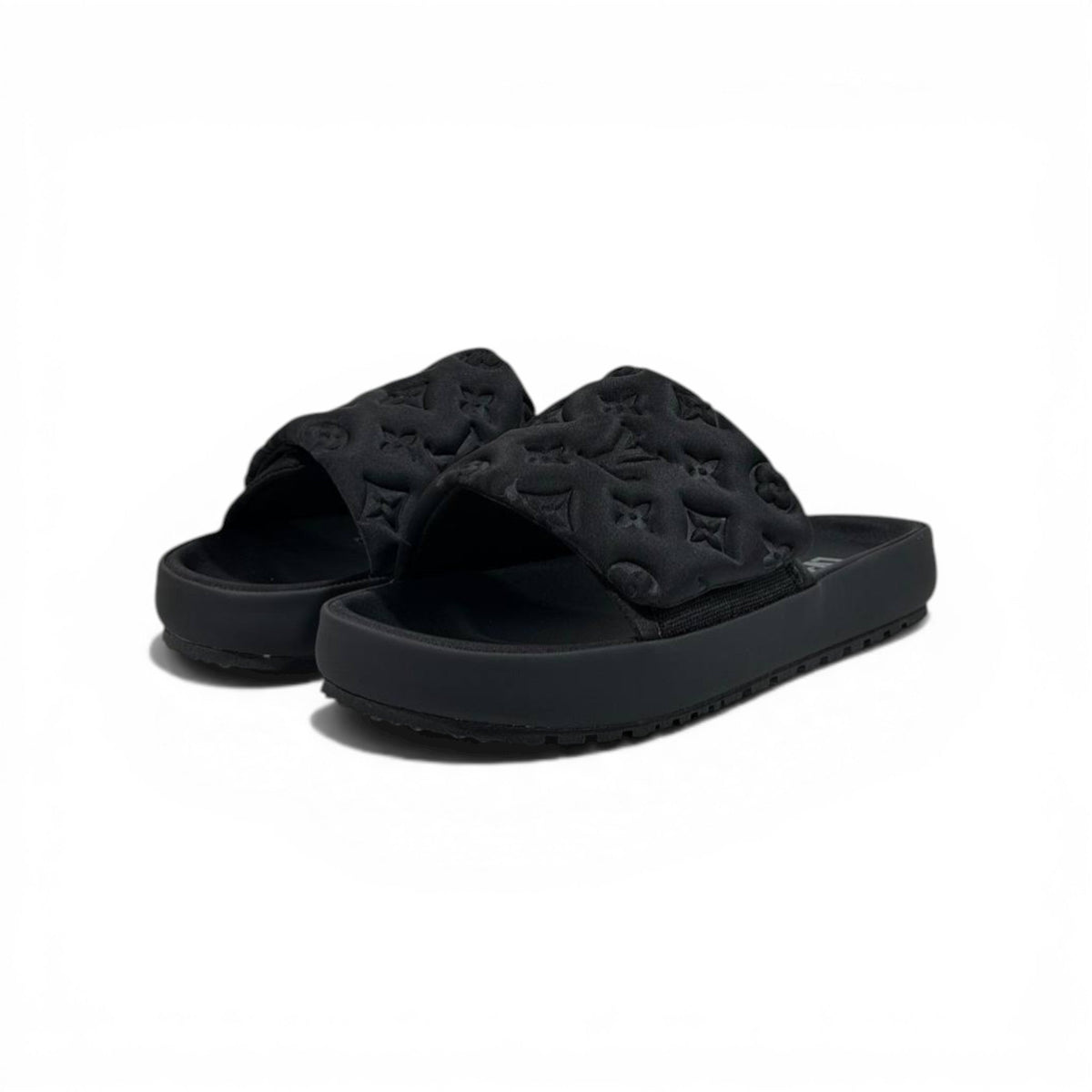 LOUIS VUITTON Luxury Black Monogram Slide Sandals – Embossed Design & Minimal Premium Style 👟 - MASTERPIECE