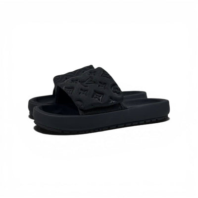 LOUIS VUITTON Luxury Black Monogram Slide Sandals – Embossed Design & Minimal Premium Style 👟 - MASTERPIECE