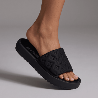 LOUIS VUITTON Luxury Black Monogram Slide Sandals – Embossed Design & Minimal Premium Style 👟 - MASTERPIECE