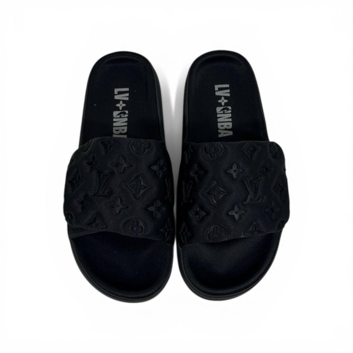 LOUIS VUITTON Luxury Black Monogram Slide Sandals – Embossed Design & Minimal Premium Style 👟 - MASTERPIECE