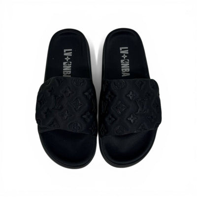 LOUIS VUITTON Luxury Black Monogram Slide Sandals – Embossed Design & Minimal Premium Style 👟 - MASTERPIECE