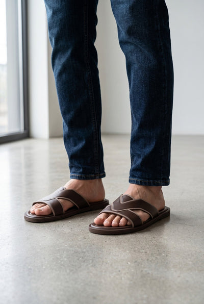 Louis Vuitton LV Cross Strap Leather Slides – Brown - MASTERPIECE