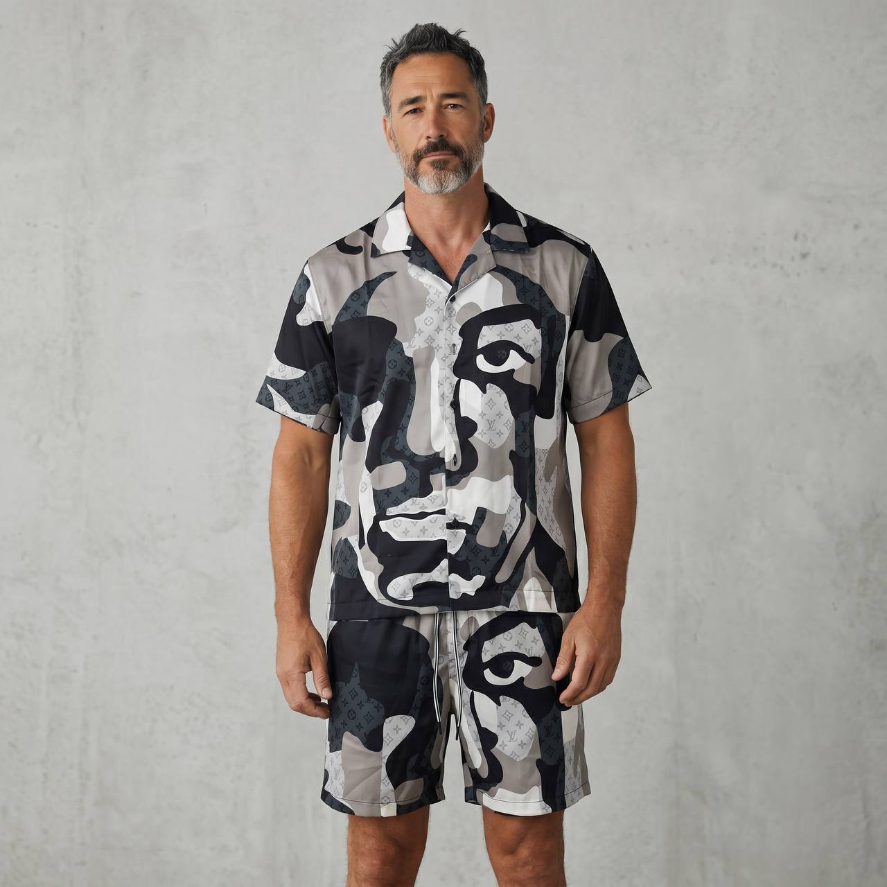🖤 Louis Vuitton Monochrome Face Print Set – Bold Luxury Co - Ord Outfit 🩳👕🔥 - MASTERPIECE