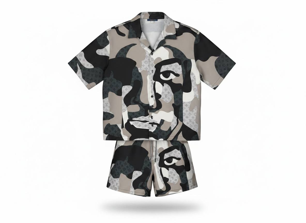 🖤 Louis Vuitton Monochrome Face Print Set – Bold Luxury Co - Ord Outfit 🩳👕🔥 - MASTERPIECE