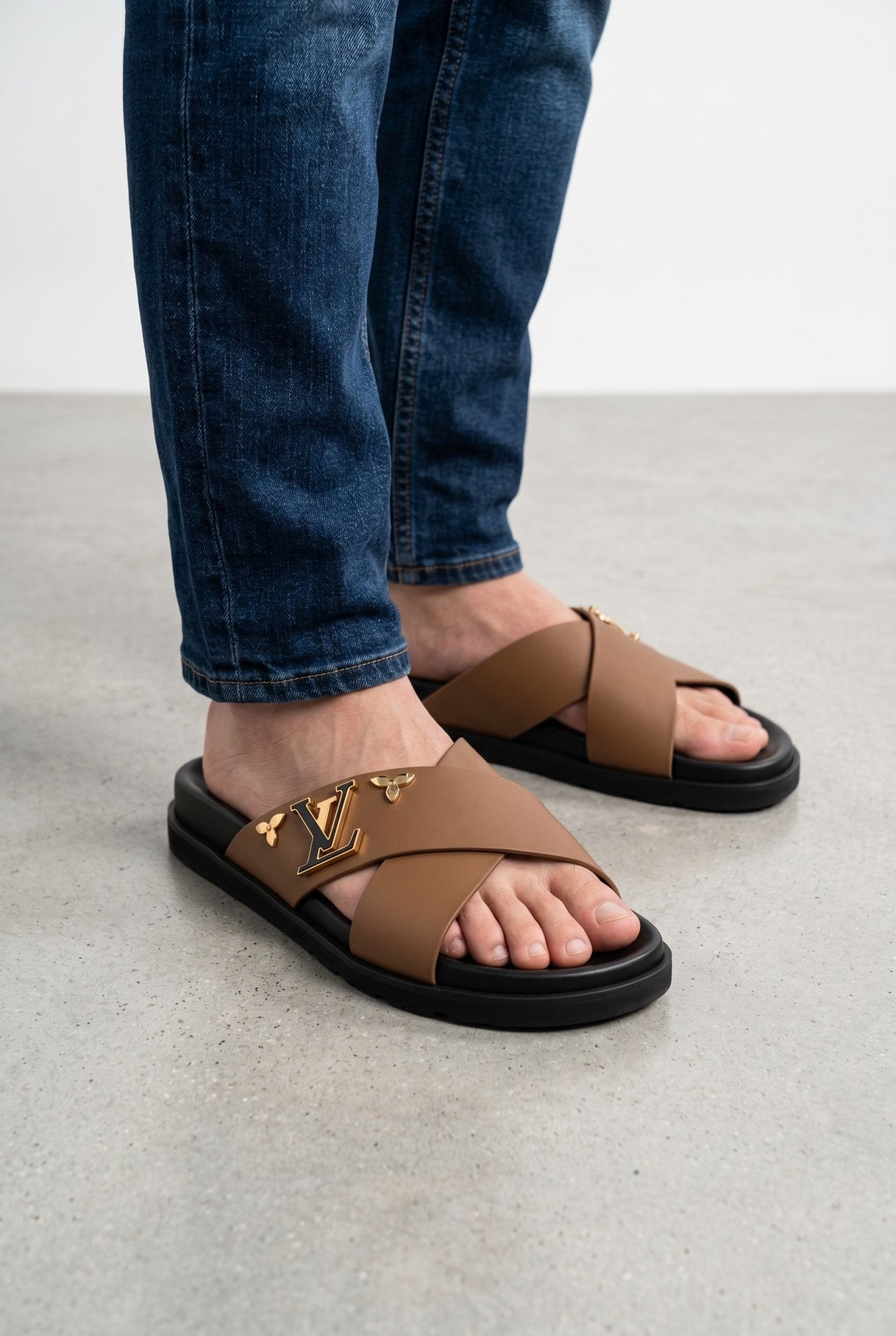 Louis Vuitton Monogram Cross-Strap Slides – Camel Brown - MASTERPIECE