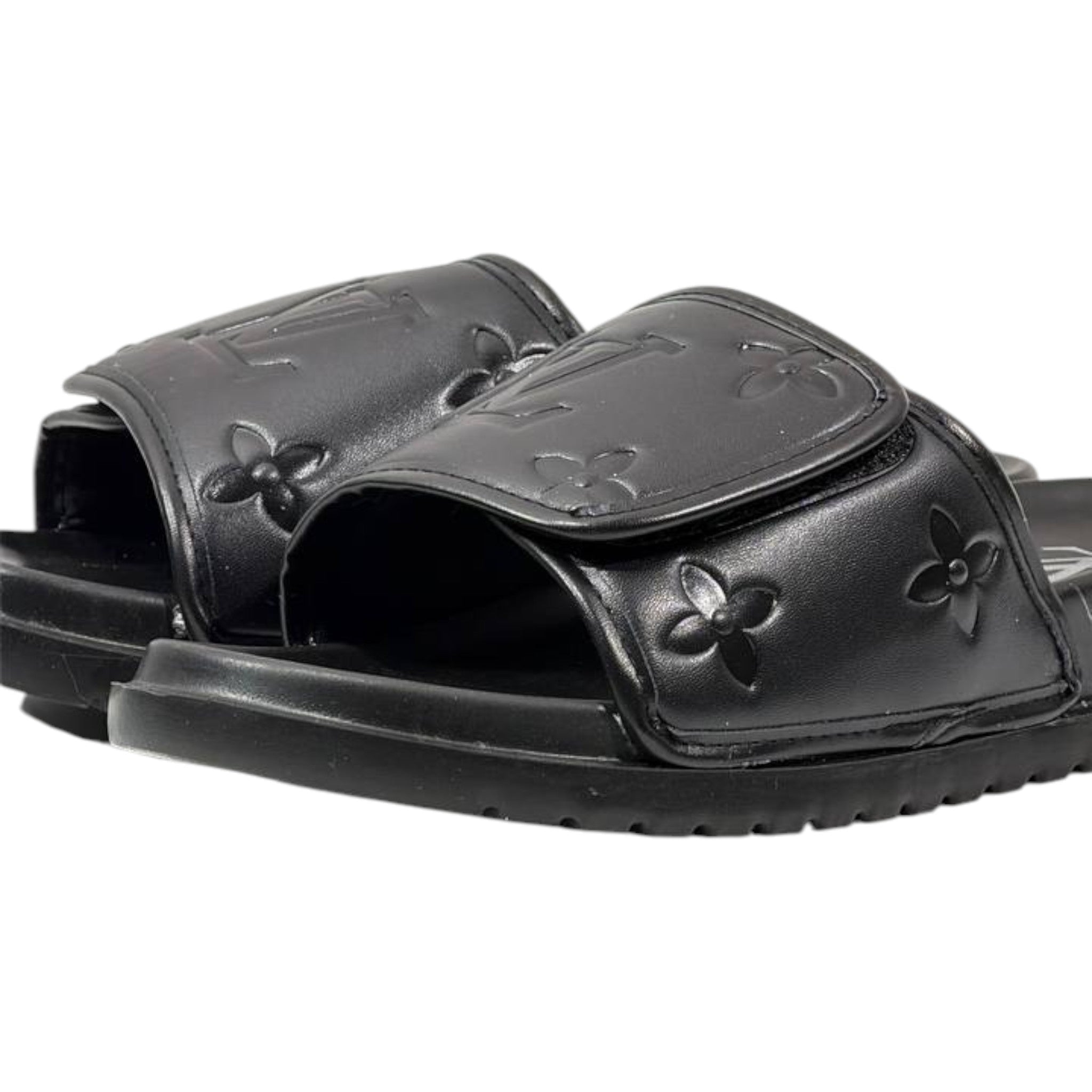 🖤 Louis Vuitton Monogram Embossed Comfort Slides – All Black Edition - MASTERPIECE