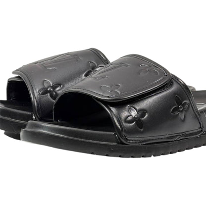 🖤 Louis Vuitton Monogram Embossed Comfort Slides – All Black Edition - MASTERPIECE